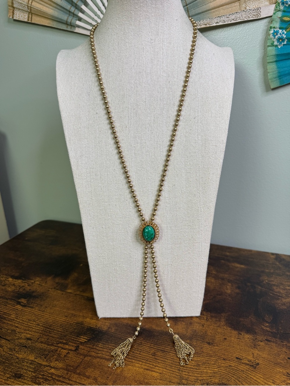 Avon 1973 MING GREEN Adjustable Slide Necklace Gold Tone Bead Tassel Glass Jade